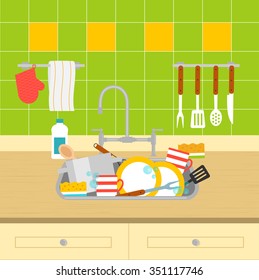 Kitchen sink with dirty dishes, vector illustration. Washing-up and cleaning, dishwashing and tidying up