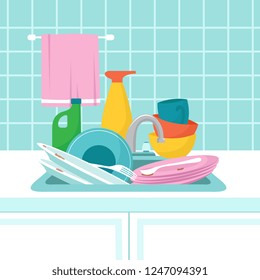 Kitchen sink with dirty plates. Pile of dirty dishes, glasses and wash sponge. Vector illustration