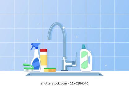 Kitchen sink with dish detergent and a sponge. Flat style vector illustration. Template for poster or book