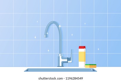 Kitchen sink with dish detergent and a sponge. Flat style vector illustration. Template for poster or book