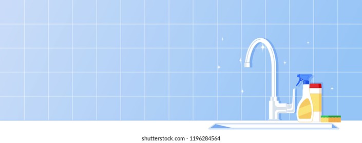 Kitchen sink with dish detergent and a sponge. Flat style vector illustration. Template for poster or book