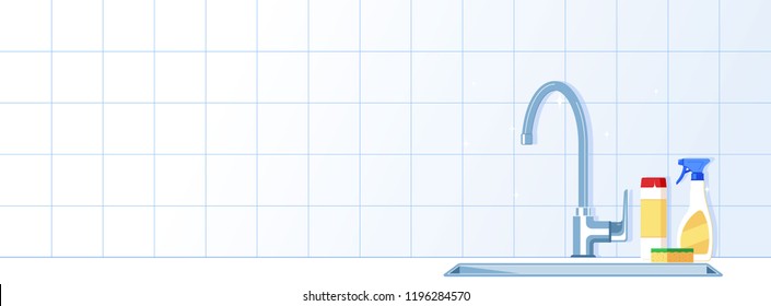 Kitchen sink with dish detergent and a sponge. Flat style vector illustration. Template for poster or book