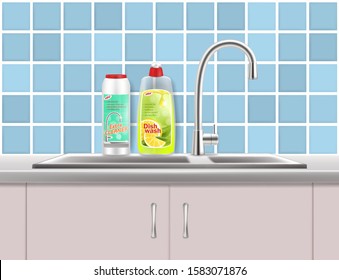 Kitchen sink and dishwashing liquid, cleaning powder plastic bottles, vector realistic illustration. Lemon fresh dish detergent, household cleaning products advertising poster template.