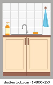 Kitchen sink. Faucet, dishwashing liquid and towel. Flat design. Vector illustration.