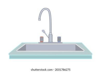 Kitchen sink with faucet isolated on white background. Steel home sink with tap icon. Toilet or bathroom washbasin. House plumbing, home convenience or domestic equipment. Stock vector illustration