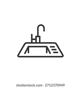 Fregadero de cocina con grifo, icono lineal. Suministro de agua y zona de lavado. Línea con trazo editable.