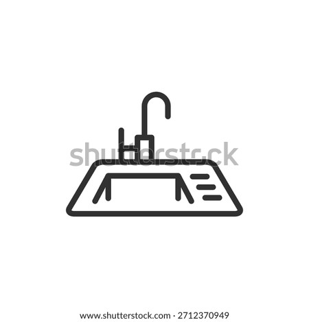 Kitchen sink with faucet, linear icon. Water supply and washing area. Line with editable stroke.