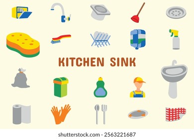 Kitchen Sink Flat Vector Illustration Icon Sticker Set Design Materials