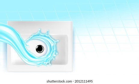 Lavado De Cocina Con Vector De Espacio De Agua Fluida. Enrosque Cerámico Con Agujero De Tapón, Esplandor Líquido Y Azulejos. Arroyo De Lavabo Y Corriente, Plantilla De Equipo De Higiene Ilustración Realista 3d