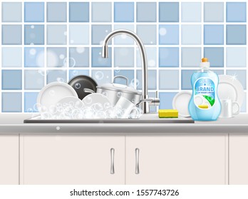 Kitchen sink full of clean cookware and dishes, sponge and dishwashing liquid vector realistic illustration. Dish detergent, dish soap ad poster template.