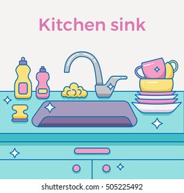 Kitchen sink with kitchenware, dishes, utensil, towel, wash sponge, dish detergent colorful outline cartoon illustration. Domestic interior vector concept for household and clean design