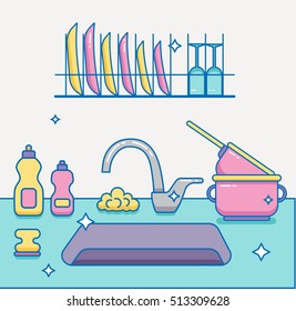 Kitchen sink with kitchenware, dishes, utensil, towel, wash sponge, dish detergent colorful outline cartoon illustration. Domestic interior vector concept for household and clean design