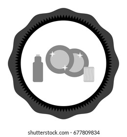 Kitchen sink with kitchenware, dishes, utensil, wash sponge, dish detergent outline illustration.
