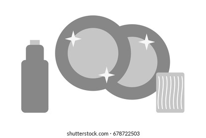 Kitchen sink with kitchenware, dishes, utensil, wash sponge, dish detergent outline illustration