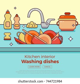 Kitchen sink with kitchenware, dishes, utensil, towel, wash sponge, dish detergent colorful outline cartoon illustration. Domestic interior vector concept for household and clean design