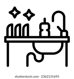 Kitchen sink with kitchenware line icon, household concept, Washing dishes sign on white background, Dishwashing liquid bottle and clean plates on sink icon in outline. Vector graphics