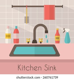 Kitchen Sink With Kitchenware, Utensil,  Dishes, Dish Detergent And A Sponge. Flat Style Vector Illustration.