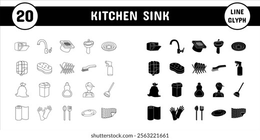 Kitchen Sink Line Glyph Vector Illustration Icon Sticker Set Design Materials