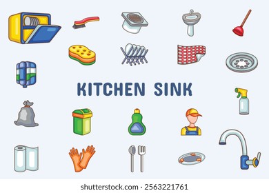 Kitchen Sink Lineal Color Vector Illustration Icon Sticker Set Design Materials