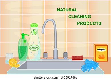 Kitchen Sink With Natural Cleaning Products. Vinegar, Lemon, Baking Soda. Cuisine With Faucet, Dish Detergent, Soap, Gloves And Sponge.Tile Wall, Sink And Tap. Zero Waste Lifestyle.Vector Illustration