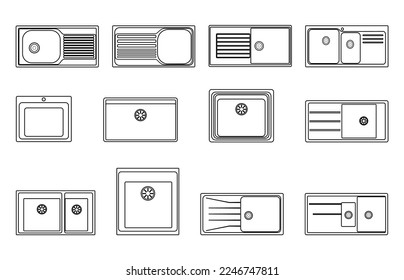 Kitchen sink set on white background, vector line