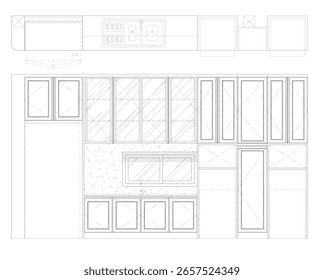Fregadero de cocina y área de almacenamiento Vector de dibujo interior: refrigerador, espacio para microondas, gabinetes de pared y diseño de almacenamiento de platos