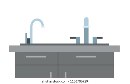 Kitchen sink with two bowls, plumbing fixture and a cupboard vector flat material design isolated on white