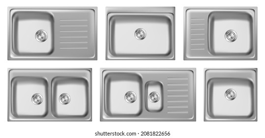 Kitchen sink vector illustration. Plumbing fixture for renovation. Wash basin. Stainless steel sink for dishwashing. Home equipment.