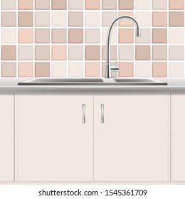 Kitchen sink, vector realistic illustration. Stainless double bowl plumbing product. Kitchen interior.
