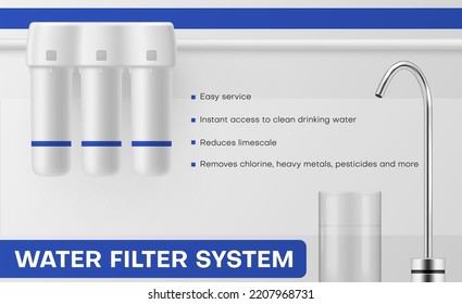 Kitchen sink water filtration system with faucet and portable cartridge banner realistic vector illustration. Aqua pure filtered process for drinkable accessibility. Healthcare cleansing technology