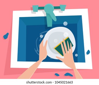 Kitchen sink with water. Hands wash the plate. Flat cartoon style vector illustration.