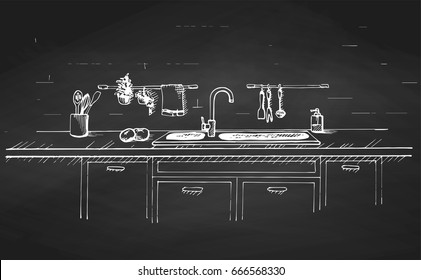 Kitchen sink. Kitchen worktop with sink and drawn on a chalkboard.. The sketch of the kitchen
