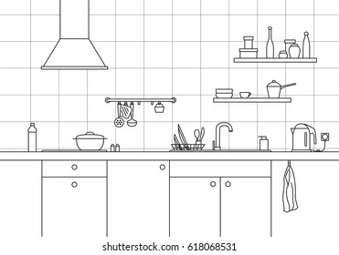 Kitchen sink. Kitchen worktop with sink, kitchen hood and plate in line style.