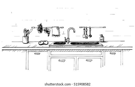 Kitchen sink. Kitchen worktop with sink. The sketch of the kitchen