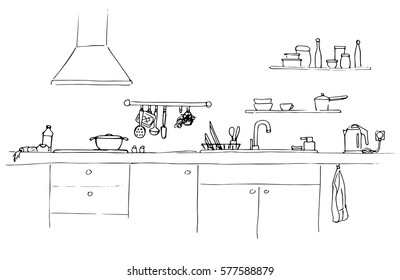 Kitchen sink. Kitchen worktop with sink. The sketch of the kitchen