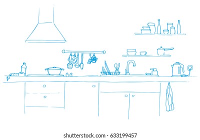 Kitchen sink. Kitchen worktop with sink. The sketch of the kitchen