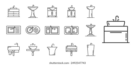 Kitchen sinks and bathroom basins line icons of bath furniture, vector symbols. Bathroom and kitchen sinks with faucet or water taps on cabinet or bath countertop with ceramic bowl and wash basin