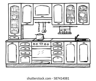 Kitchen sketch plan.  Hand made vector illustration.