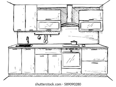 Kitchen sketch plan.  Hand made vector illustration.