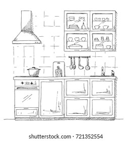 Kitchen sketch plan.  Hand made vector illustration.