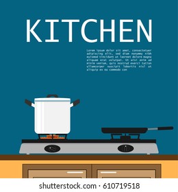 kitchen skillet  pot on fire stove flat vector