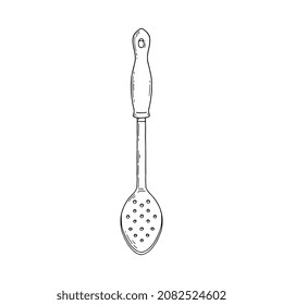 Herramienta de cuchara de skimmer de cocina con mango largo, dibujo a mano estilo de boceto ilustración vectorial aislado en fondo blanco. Artículos de cocina con cuchara acanalada.