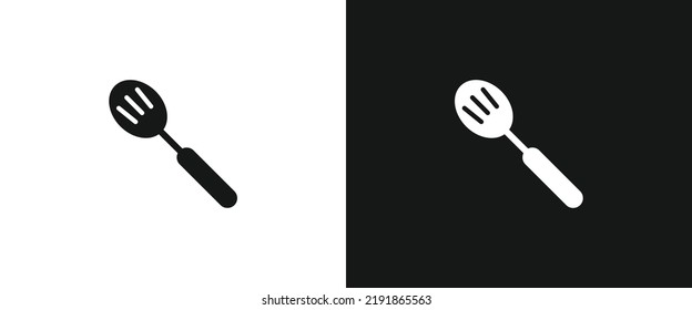 Kitchen slotted spoon flat icon for web. Slotted serving spoon sign web icon silhouette with invert color. Slotted spoon solid black icon vector design. Spoon cartoon clipart. Kitchen concenpt