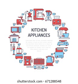 Kitchen small appliances equipment banner illustration. Vector line icon of household cooking tools - blender mixer, coffee machine, microwave, toaster. Electronics circle template with place for text