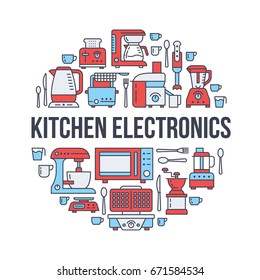 Kitchen small appliances equipment banner illustration. Vector line icon of household cooking tools - blender, mixer, food processor, coffee machine, microwave, toaster. Electronics circle template.