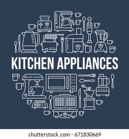 Kitchen Small Appliances Equipment Banner Illustration. Vector Line Icon Of Household Cooking Tools - Blender, Mixer, Food Processor, Coffee Machine, Microwave, Toaster. Electronics Circle Template.