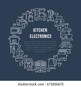 Kitchen small appliances equipment banner illustration. Vector line icon of household cooking tools - blender mixer, coffee machine, microwave, toaster. Electronics circle template with place for text