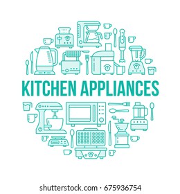 Kitchen small appliances equipment banner illustration. Vector line icon of household cooking tools - blender, mixer, food processor, coffee machine, microwave, toaster. Electronics circle template.