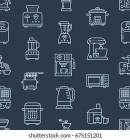 Kitchen small appliances equipment seamless pattern with flat line icons. Household cooking tools - blender, mixer, food processor, coffee machine, microwave, toaster. Linear signs electronics store.