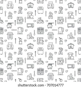 Kitchen Small Appliances Equipment Seamless Pattern With Flat Line Icons. Household Cooking Tools - Blender, Mixer, Food Processor, Coffee Machine, Microwave, Toaster. Linear Signs Electronics Store.